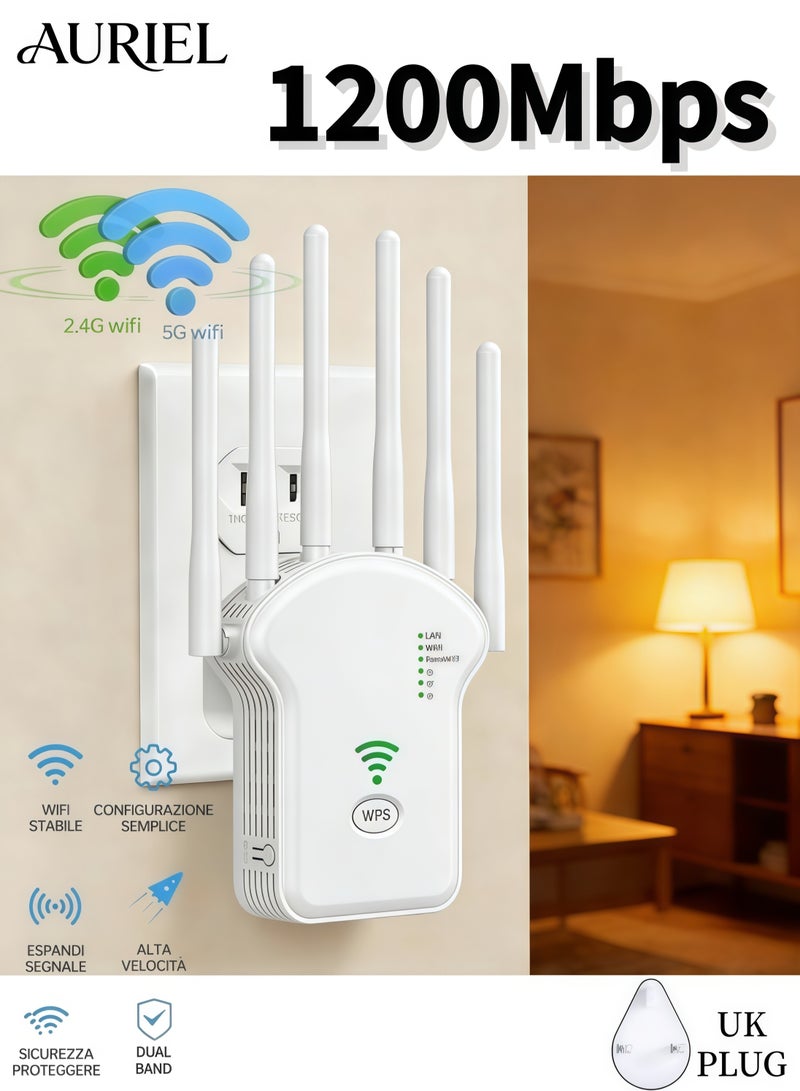 أورييل جهاز مقوي إشارة واي فاي لاسلكي بسرعة 1200 ميجابت في الثانية، ثنائي النطاق 5G/2.4G، مزود بـ 6 هوائيات لتعزيز الإشارة اللاسلكية، موسع نطاق جهاز التوجيه للإنترنت، منفذ إيثرنت، 3 أوضاع تشغيل، تغطية كاملة بزاوية 360 درجة - أبيض - Image 1